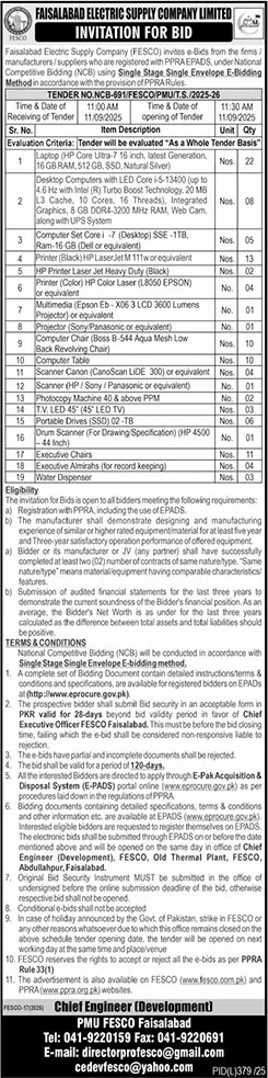 Faisalabad Electric Supply Compay Limited Tender Notice